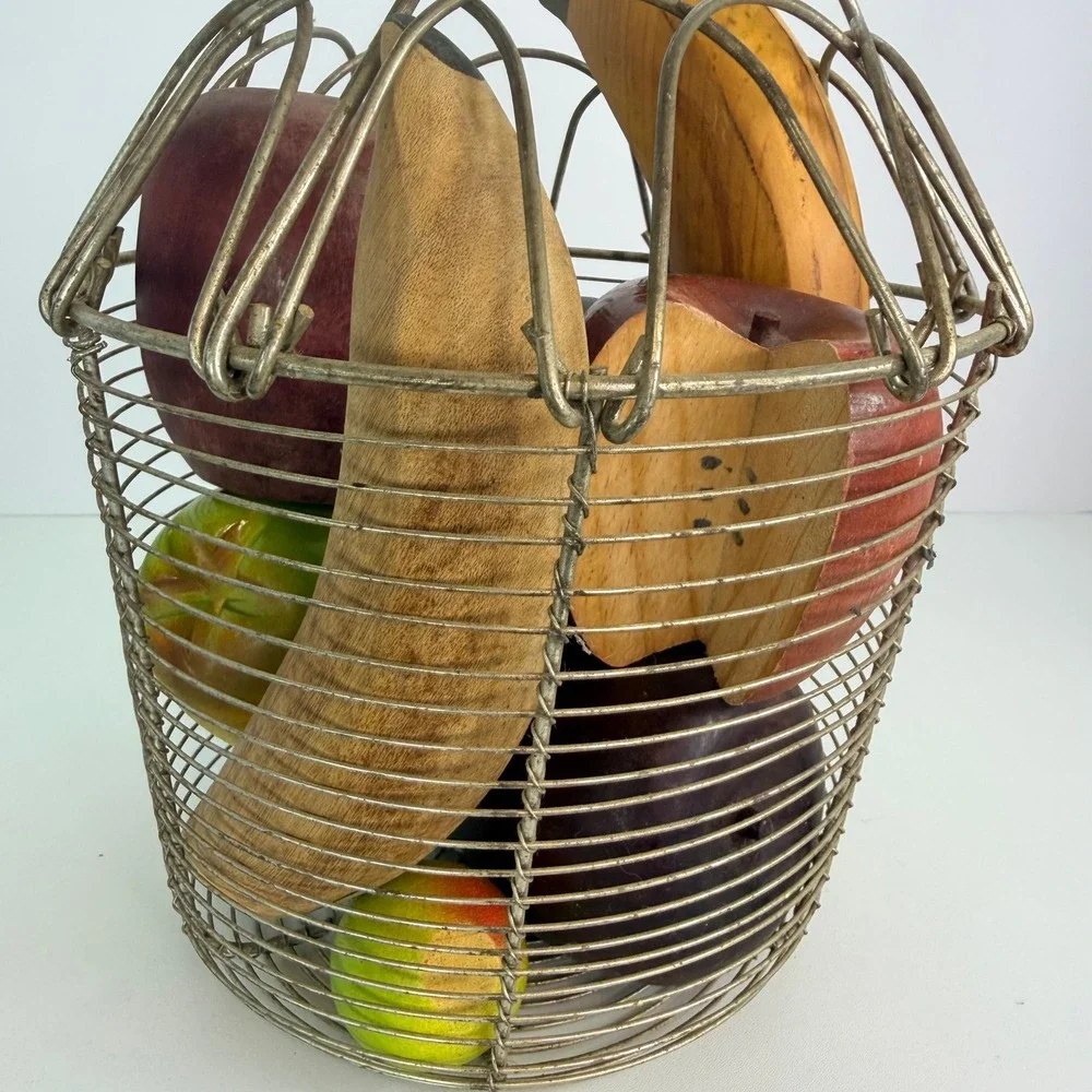 French egg wire basket with wooden fruits vintage‎ primitive decor fruit basket